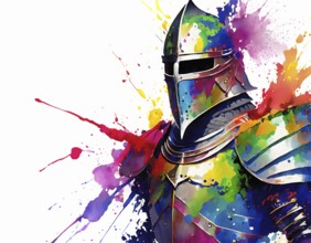 Medieval theme showing a knight in multicolored vibrant splashy ambiance. AI generated image with