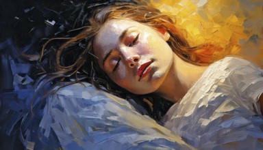 AI generated image showing the portrait of a painted young woman while dreaming with closed eyes