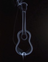 AI generated image showing a symbolic smoke-shaped guitar in dark ambiance