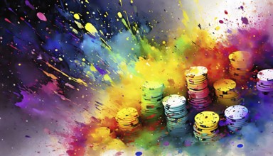 Gambling theme showing stacked jetons in multicolored vibrant splashy ambiance. AI generated image
