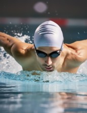 AI generated image showing a competitive swimmer closeup