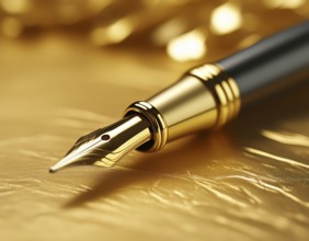 AI generated image showing a golden fountain pen closeup in golden ambiance