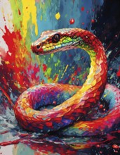 Animal and wildlife theme showing a snake in multicolored vibrant splashy ambiance. AI generated