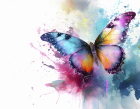 Beauty and animal theme showing a butterfly in multicolored vibrant splashy ambiance. AI generated
