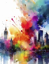 Urban theme showing a city skyline in multicolored vibrant splashy ambiance. AI generated image