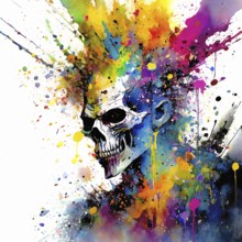 Mortal theme showing a human skull in multicolored vibrant splashy ambiance. AI generated image