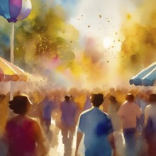 AI generated lifestyle theme showing a street scenery with lots of people in multicolored vibrant