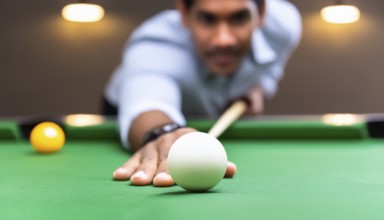 AI generated image showing a billiards table closeup with player and cue ball