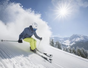 AI generated image showing a winter sports scenery with skier in sunny ambiance