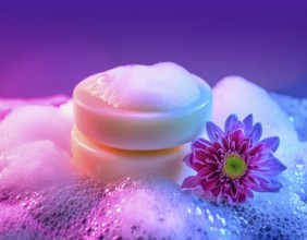 AI generated closeup image showing a colorful illuminated soap bar with decorative blossom and foam