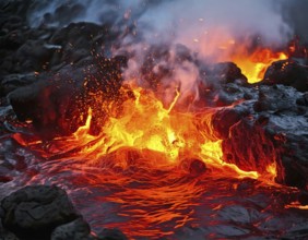 AI generated image showing flowing and glowing lava in rocky coastal dark ambiance