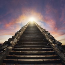 AI generated image showing a endless stairway in front of blue sky including some clouds