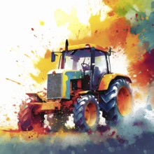 Agricultural theme showing a tractor in multicolored vibrant splashy ambiance. AI generated image