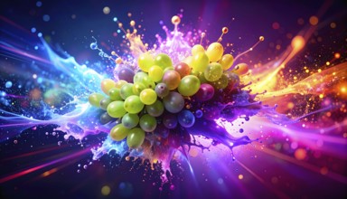 Viticulture and fruit theme showing white and red grapes in multicolored vibrant splashy ambiance.