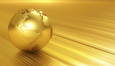 AI generated image showing a symbolic golden earth ball in golden ambiance