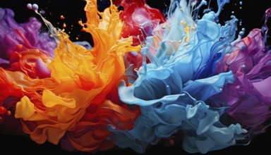 AI generated image showing vibrant splashing colors merging into each other in dark back