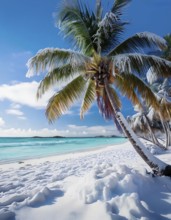 AI generated image showing a surreal snowbound tropical island in sunny ambiance