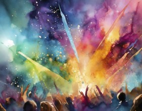 AI generated image showing a colorful illuminated event including audience, watercolor style with