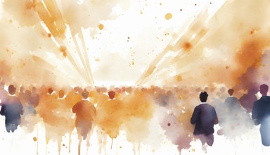 AI generated image showing a colorful illuminated event including audience, watercolor style with