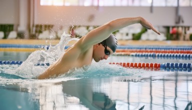AI generated image showing a competitive swimmer closeup
