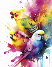 Animal, pet and wildlife theme showing some parakeets in multicolored vibrant splashy ambiance. AI