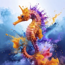 Animal and wildlife theme showing a seahorse in multicolored vibrant splashy ambiance. AI generated