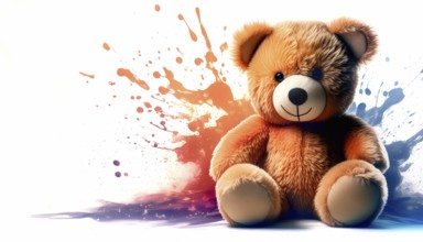 Toy and childhood theme showing a cute brown Teddy bear sitting in multicolored vibrant splashy