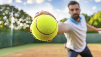 AI generated image showing a player holding a tennis ball in court ambiance