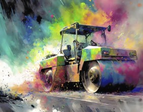 Construction theme showing a road roller in multicolored vibrant splashy ambiance. AI generated