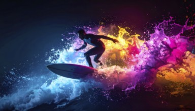 Surfing theme showing a surfer in multicolored vibrant splashy ambiance. AI generated image with