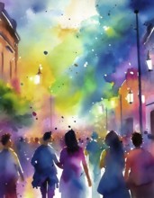 AI generated image showing a colorful illuminated downtown party at evening time, watercolor style