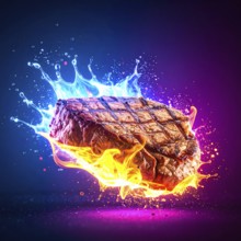 Cooking and cuisine theme showing a rosted steak in multicolored vibrant splashy ambiance. AI