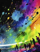 Event theme showing a stadium with lots of spectators in multicolored vibrant splashy ambiance. AI
