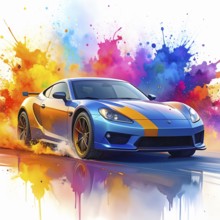 Flashy racing car in multicolored vibrant splashy ambiance. AI generated image with lots of
