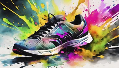 Sports theme showing a modern sneaker shoe in multicolored vibrant splashy ambiance. AI generated