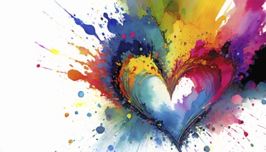 Love theme theme showing a heart symbol in multicolored vibrant splashy ambiance. AI generated