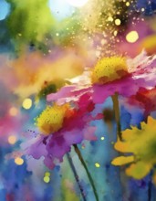 Beauty in nature theme showing some flower heads in multicolored vibrant splashy ambiance. AI