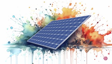 Photovoltaic theme showing a solar panel in multicolored vibrant splashy ambiance. AI generated