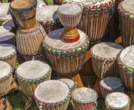 Lots of african djembe drums in sunny ambiance
