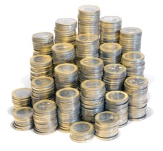 Lots of stacked 1 euro coins in white back