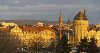 Sunny illuminated high angle view of Metz, a city in the Lorraine region at northeast France at