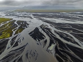 River, river course, river delta, wild river, mountains, cloudy, branched, aerial view, South