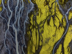 River, river course, river delta, branched, sunny, aerial view, summer, south-east Iceland, Iceland