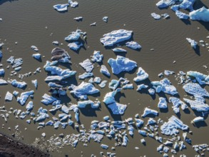 Ice floes, glacial lake, sunny, aerial view, summer, Kviarjökull, Vatnajökull, Iceland