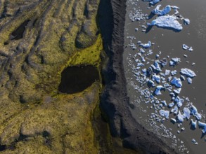 Ice floes, glacial lake, sunny, aerial view, summer, Kviarjökull, Vatnajökull, Iceland
