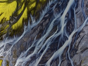 River, river course, river delta, branched, sunny, aerial view, summer, south-east Iceland, Iceland