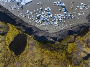 Ice floes, glacial lake, sunny, aerial view, summer, Kviarjökull, Vatnajökull, Iceland