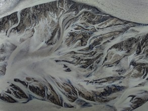 River, river course, branched, cloudy, summer, aerial view, Kirkjubaerklaustur, Iceland
