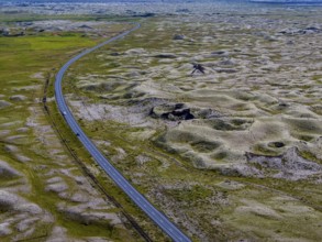 Road, volcanic landscape, mountains, crater, sunny, summer, aerial view, Ringroad,