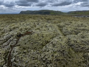Lava, mosses, volcanic landscape, cloudy, mountains, summer, aerial view, Eldhraun,